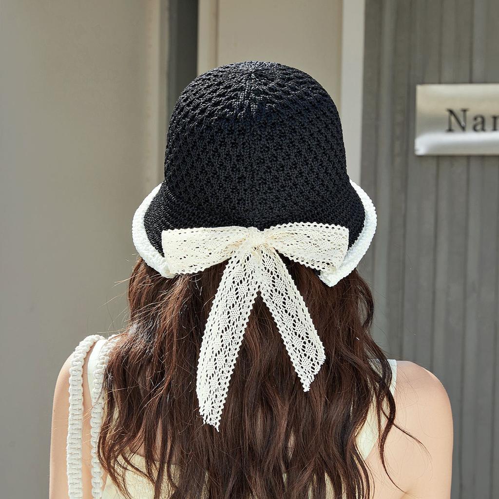 Summer Hollow Sun Hat Korean Version Fashion Bow Lace Bucket Hat New Fisherman Sunscreen Outdoor Beach Sun Hat Travel Panama Cap