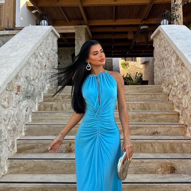 Rochie privată cu pliuri slim fit cu temperament lung