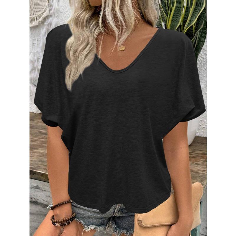 

Летняя свободная повседневная женская футболка с короткими рукавами, однотонная, с V-образным вырезом, простая офисная, элегантная, модная, топы больших размеров, блузка, базовые женские рубашки 3XL чёрный