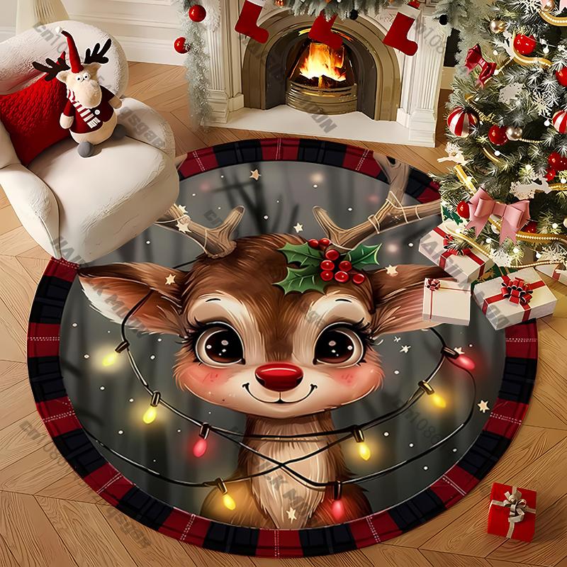 Cartoon Round Rug for Home Cute Santa Elk Gingerbread Christmas Elements Printed Mat for Kids Room Chair All Seasons Carpet Gift