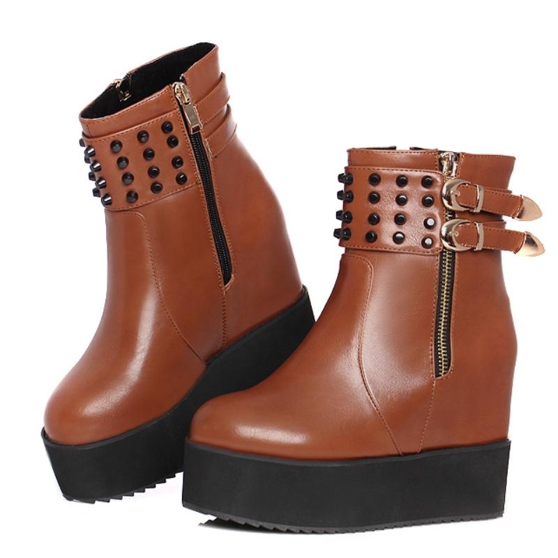 

Платформа Женские Ботильоны на Танкетке Высокий Каблук Короткие Ботинки для Женщин Пряжка Черные Осенние Зимние Вечерние Туфли Женские Большой Размер 47 44 коричневый