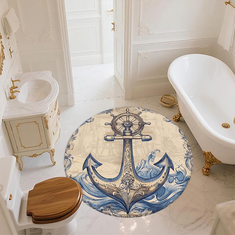 Anchor and Ship's Wheel,Round Area Rug,Carpet Rug for Living Room Bedroom Sofa Playroom Decor,Non-slip Floor Mat
