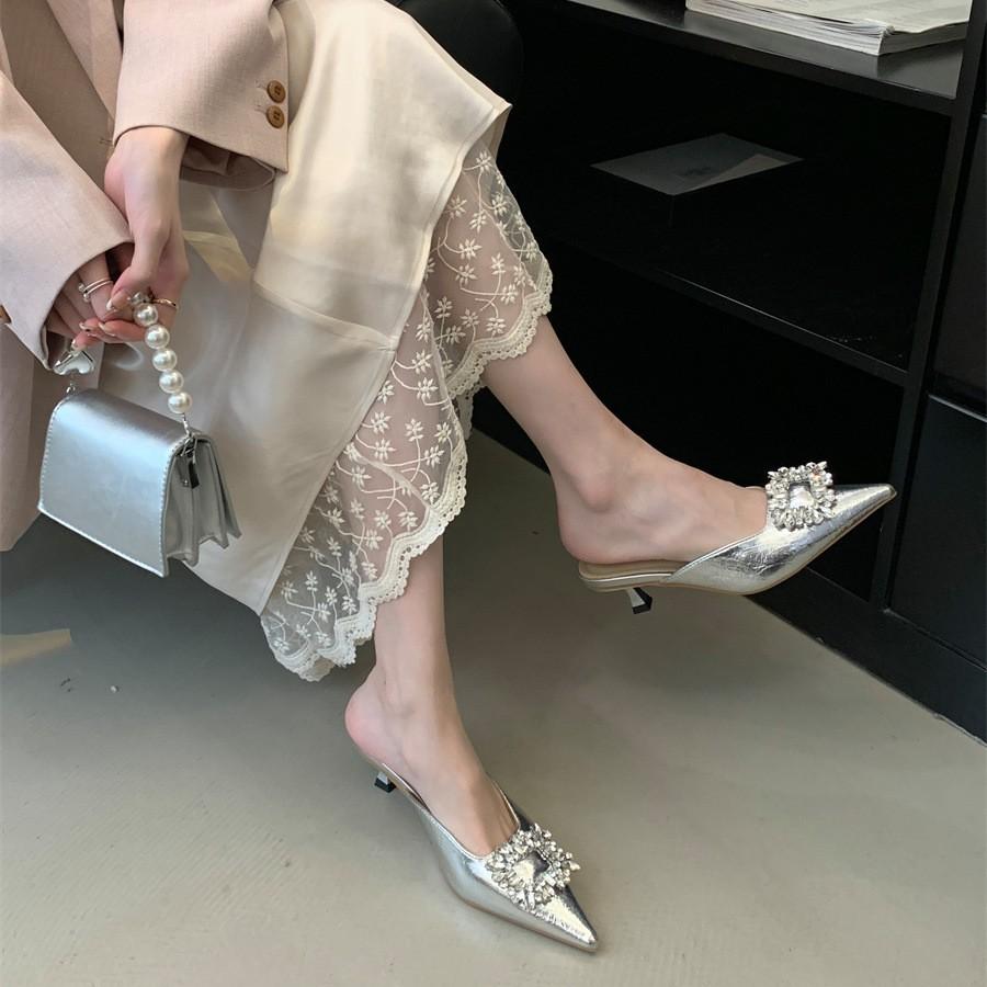 Pointed Head, Half Slippers, Women Wear Thin Heels, Rhinestone Buckle, Fairy Versatile Fashion Women's Shoes