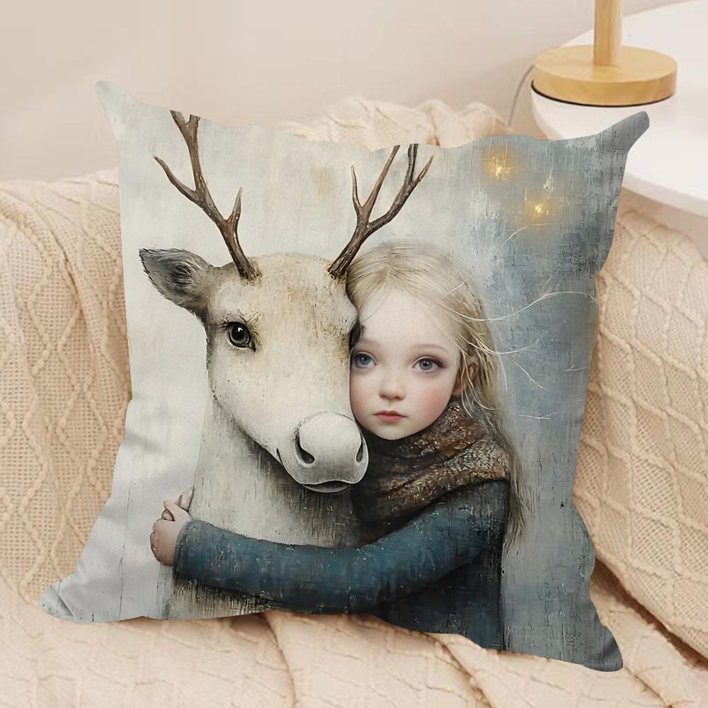 Deer Cartoon Cartoon Cute Cushion Cover Silky Short Plush Invisible Zipper Dustproof Sofa Pillow Case For Home Decor