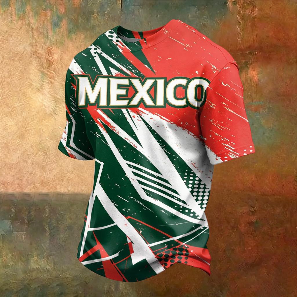 Men's Short Sleeve T-Shirt with Graphic Print, Lightweight Breathable Round Neck Top, Casual Everyday Wear - Mexico Flag Letter Design