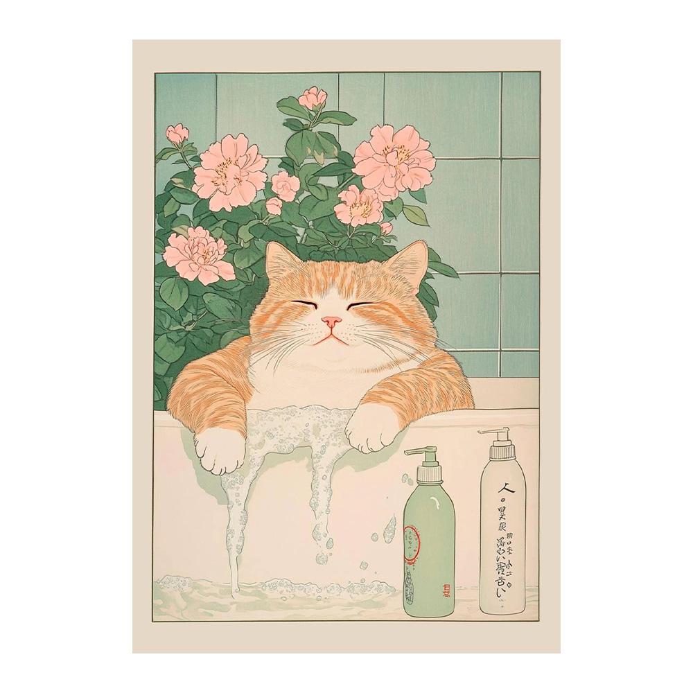 Gato Atigrado Japonés en Bañera Impresiones de Póster Pintura sobre Lienzo Estética Retro Arte de Pared Imagen Japandi Baño Aseo Decoración para el Hogar