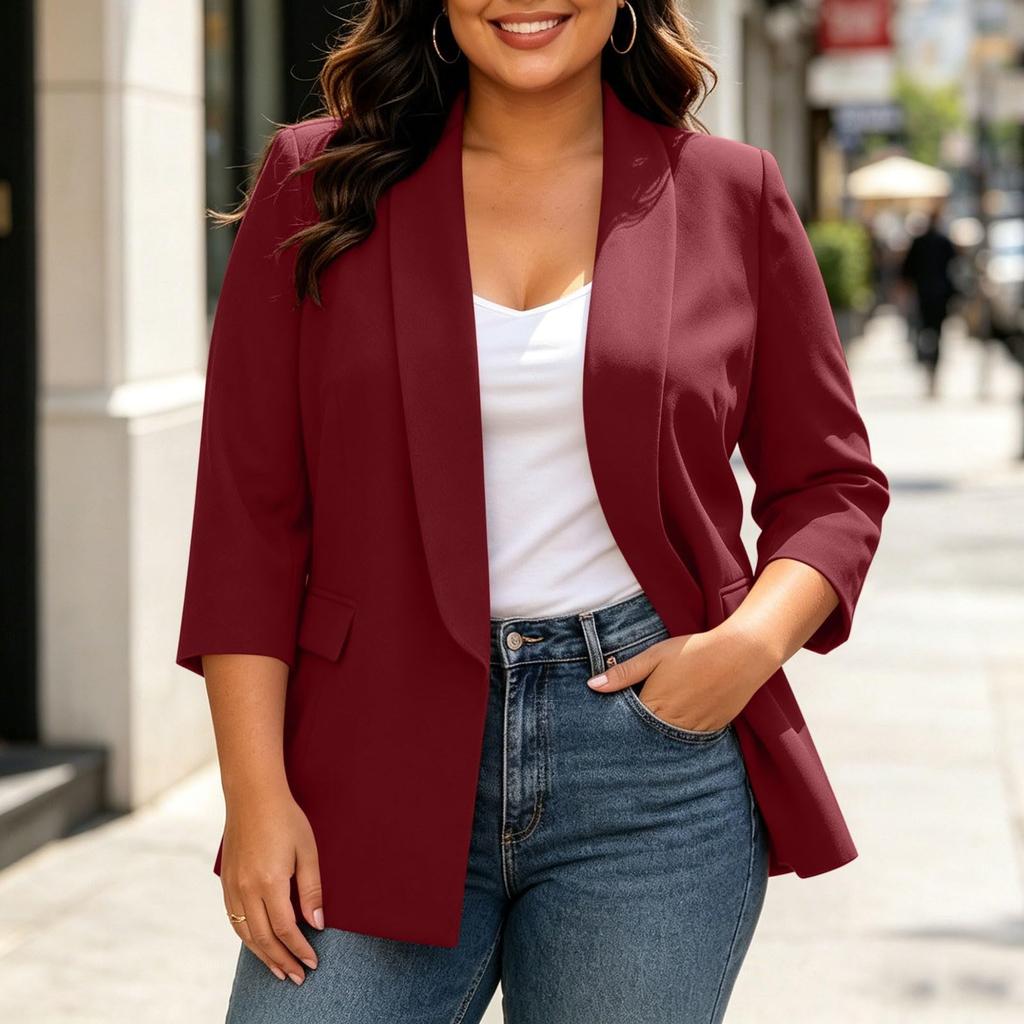 Women's Plus Size Color Casual with Lapel, Padded Shoulders, Three-Quarter Sleeves and Pockets
