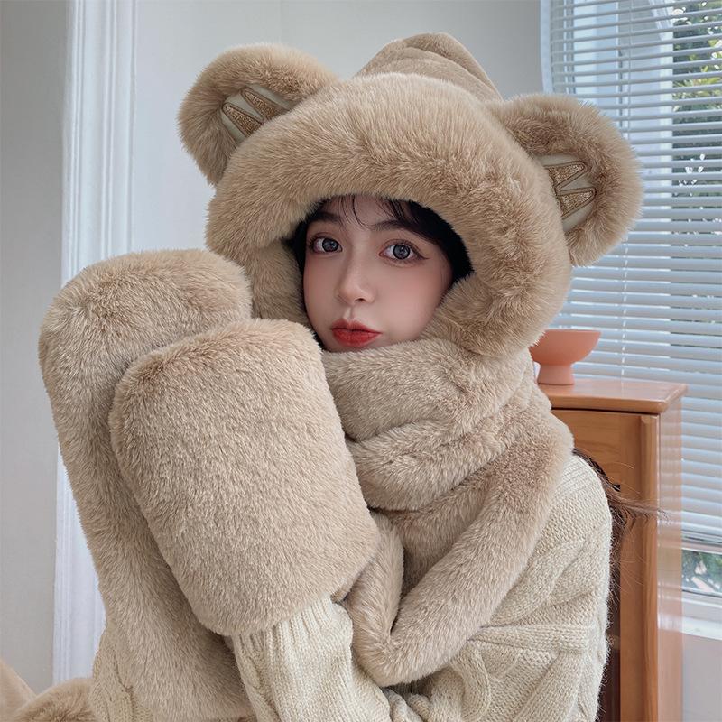 Cute Little Bear Thickened Warm Scarf Hooded Scarf Winter Gloves Three piece Hat for Women