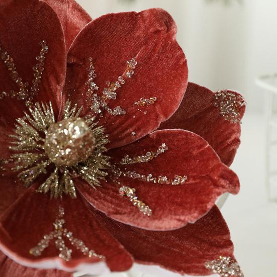 Artificial Poinsettia Flower Picks Velvet Glitter Magnolia Flower with Stem Christmas Tree Ornaments for Xmas New Year Party Wedding Holiday Decor