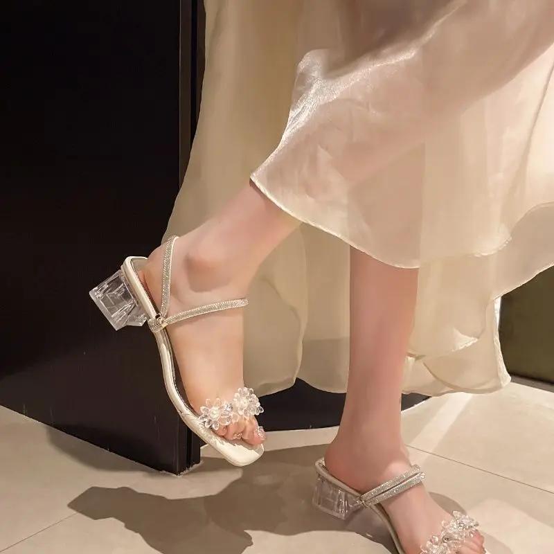 Fashion Women's Sandals Thick Heel Rhinestones Ladies Shoes Summer Sale Low Price Chic and Elegant Sandal 2025 Comfortable On Footwear