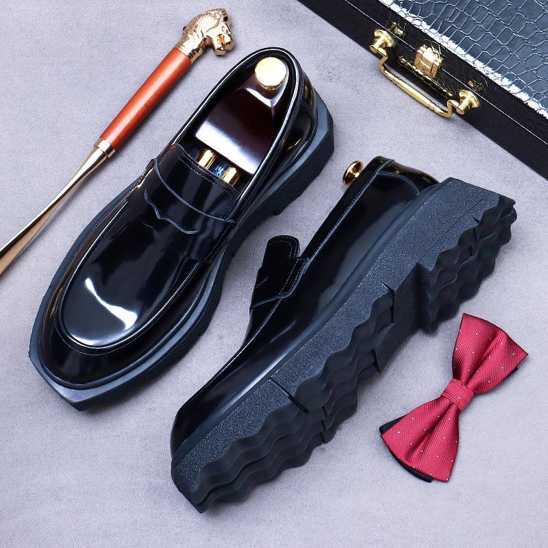 Big head leather shoes men's business casual cowhide leather round head muffin bottom thick sole increased height