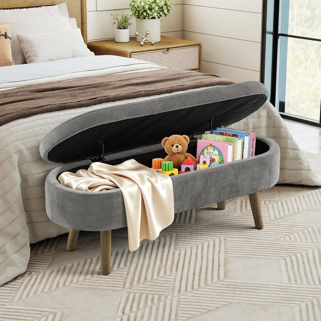 Multifunctional Bench, Soft Chenille, Wood Legs, Wood Frame, 20L Storage Space, 110x40x42cm, for Bedroom, Living Room, Shoe Bench, Hallway, Dark Gray