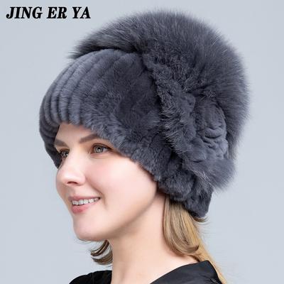 JINGERYA Örme Şapka Kadın Doğal Kürk Rex Tavşan Çiçekli Şapka Gerçek Kürk Kabarık Şık Kadın Boneleri