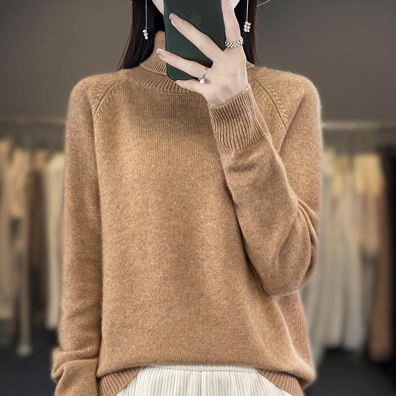 Women's High Neck Loose Knit Pullover for Autumn/Winter - Thick Raglan Sleeve Sweater Top
