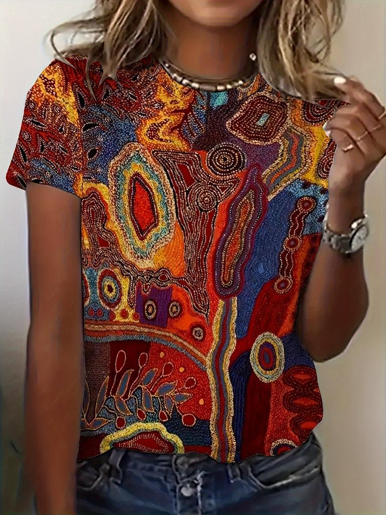 2026 New Summer Women's Retro National Print Ladies T-shirt Round Neck Short Sleeve Street Casual Daily Basic Tops