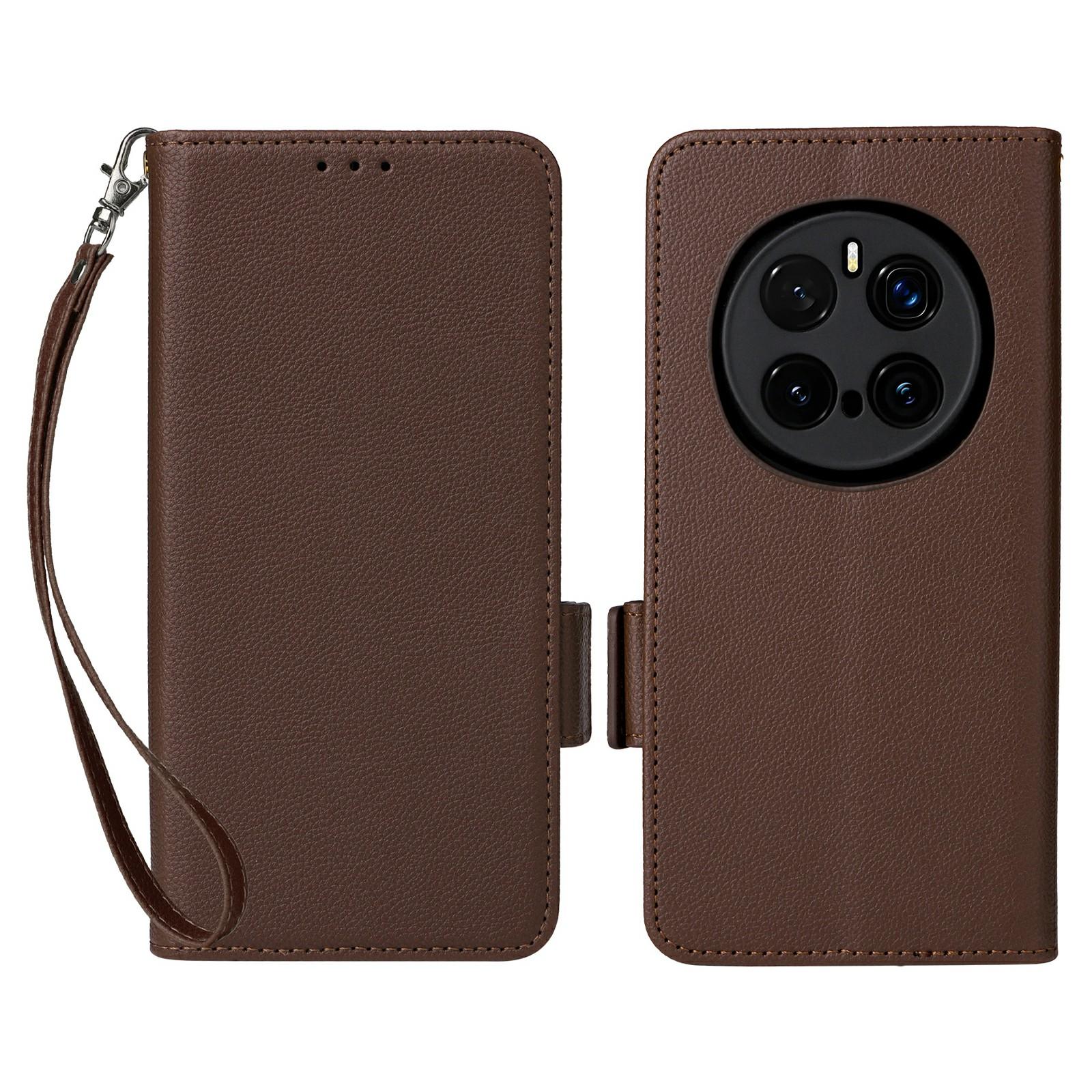 

For Honor Magic7 Pro 5G Case with Wrist Strap Litchi Texture PU Leather Wallet Phone Cover Brown