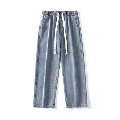 Elastic Waist Drawstring Loose Straight Jeans for Men's American Basic Style Lazy Wide-leg Pants