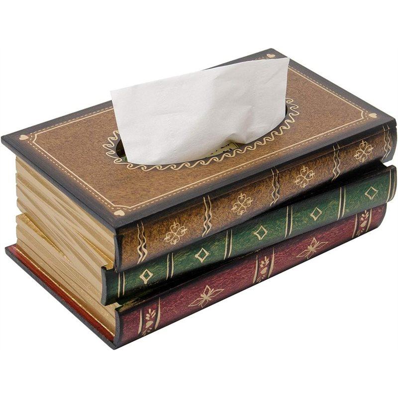 SHGO-Classical Retro Wooden Crafted Antique Book Tissue Box Cover Rectangular Tissue Dispenser Paper Holder Case 1Pc