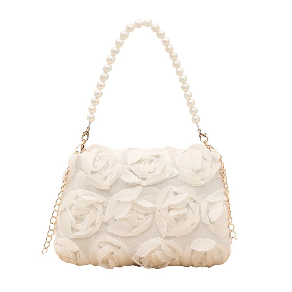 Geantă de mână cu floare de trandafir 3D și perle, cu curea lanț, pentru purtare crossbody sau pe umăr, pentru navetă zilnică și uz casual