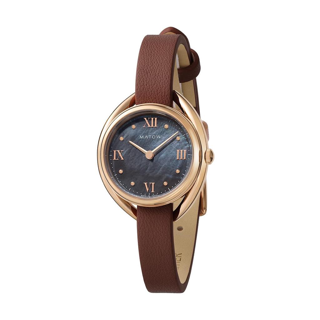 Authorized Dealer MATOW Watch with Leather Strap Indigo Round Rose Gold AKI Akilea [MATOW] Solar-Powered Women's (mw001011brwss) [Shiki Charcoal]
