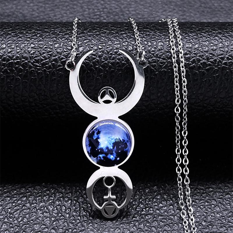 Witch Triple Moon Goddess Necklace Stainless Steel Moon Phase Crescent Divination Necklaces Jewelry collier acier inoxydable