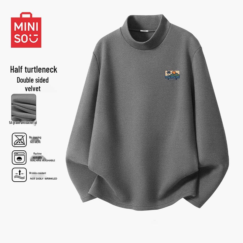 MINISO Men s Fleece-Lined Mock Neck Long Sleeve Top L