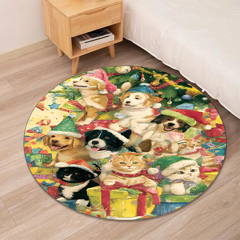 Christmas Dog Printed Round Rug Carpet Chair Rug Area Rug Entryway Doormats,for Office Chair Living Room Bedroom Kitchen Room.