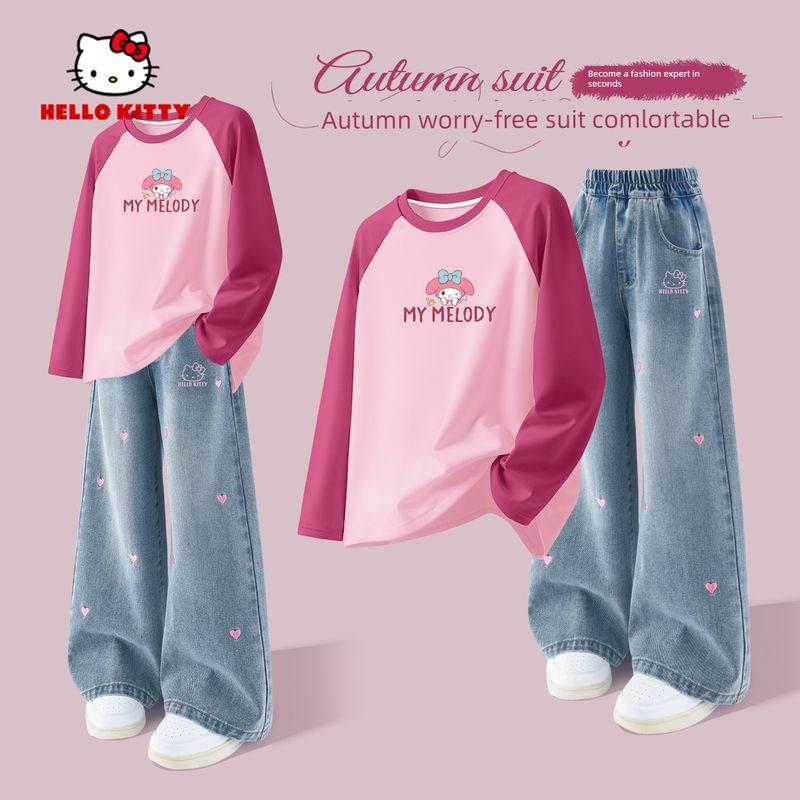 Hello Kitty Girls Spring Suit 2026 New Blue Kidsren's Long-Sleeved T-Shirt Casual Girls Denim Pants