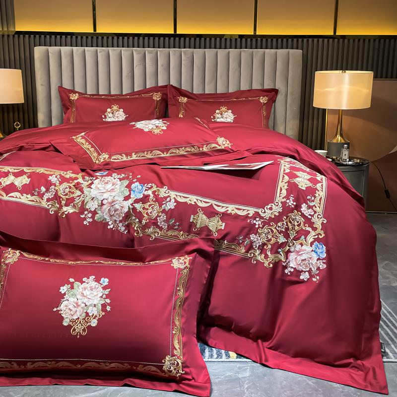 

Flowers Embroidery Luxury European Palace Style Bedding Set Egyptian Cotton Duvet Cover Bed Sheet/Fitted Sheet Pillowcases 4Pcs Flat Bed Sheet&Queen 200X230cm 4pcs червоний