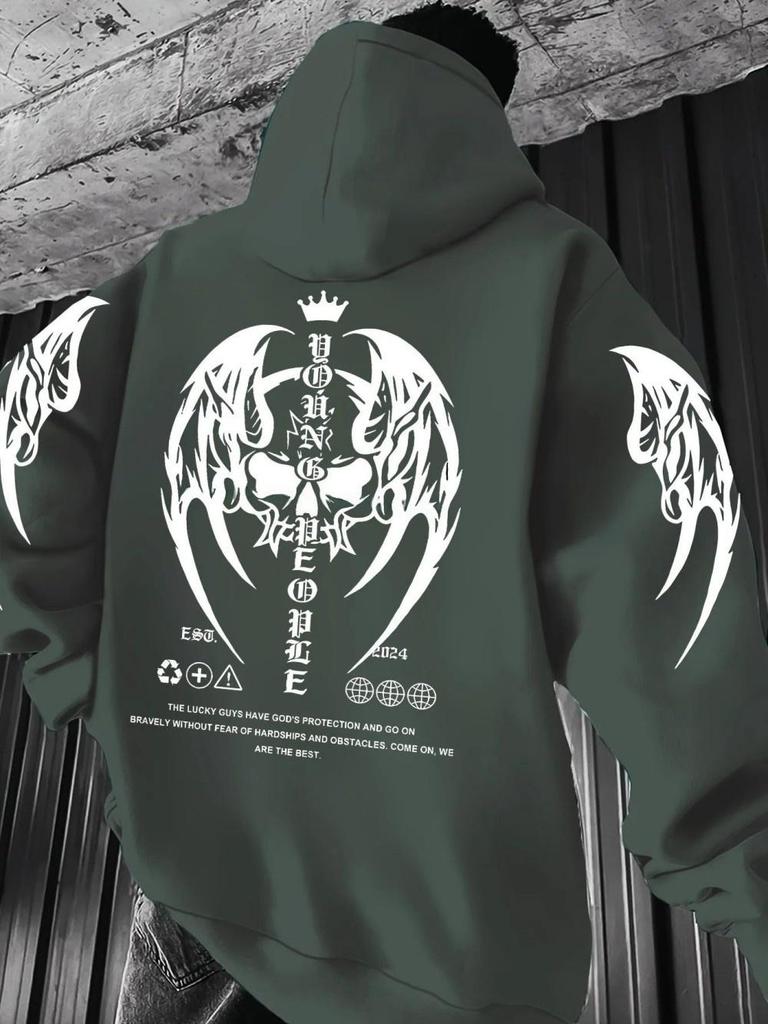 New European and American autumn men's Gothic skull letter print micro elastic comfortable hooded sweatshirt outdoor street top