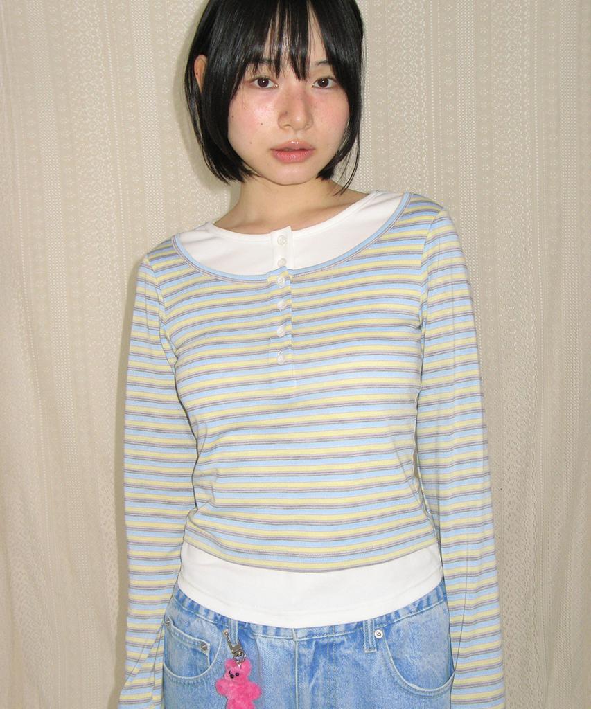 RONRON Layered Henryneck Long Sleeve Blue Stripe