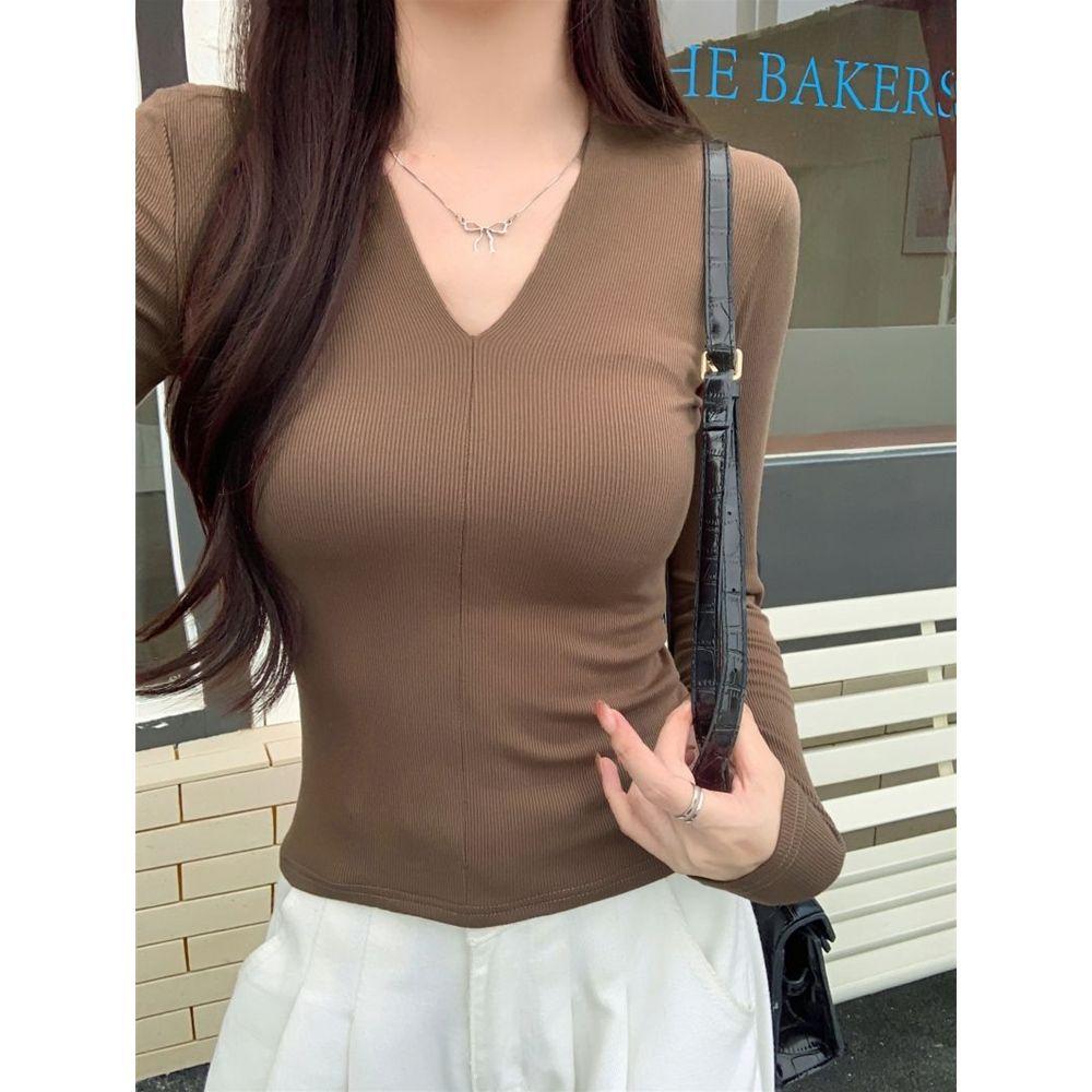 V-neck bottoming shirt for women, spring and summer inner and outer wear, slim fit, pure desire wind, tight temperament, solid color long-sleeved