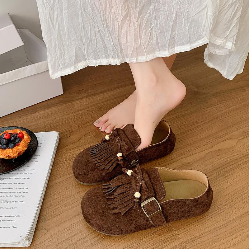 Birken Single Shoes Women's 2025 Early Autumn New Versatile Soft Sole Birken Round Head Fringed One Pedal Lazy Doudou Single Shoes