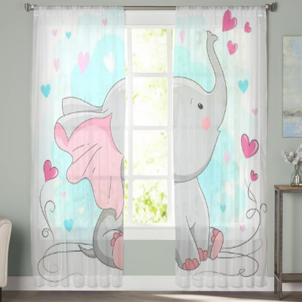 Söt Baby Elefant Med Hjärtan Skir Gardin För Vardagsrum Modern Voile Tüll Fönstergardiner För Sovrum Kök Draperier