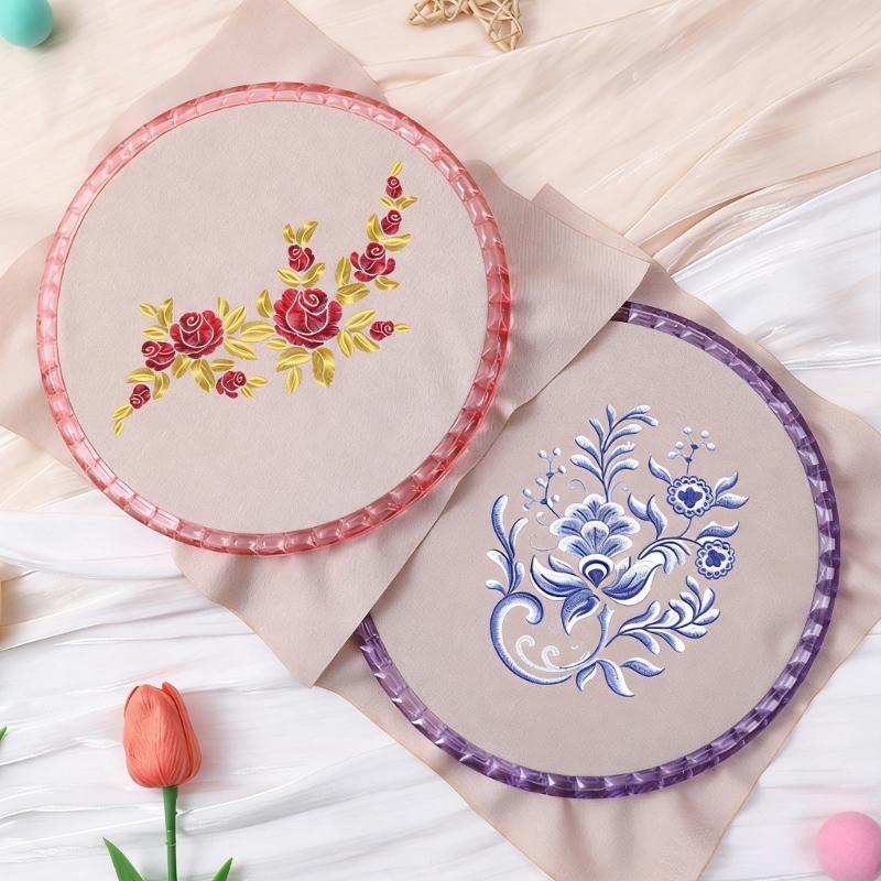 2Pcs Adjustable Embroidery Hoop Spring Loaded Round Plastic Stitching Frames for Sewing Needlework Fabric Craft Project