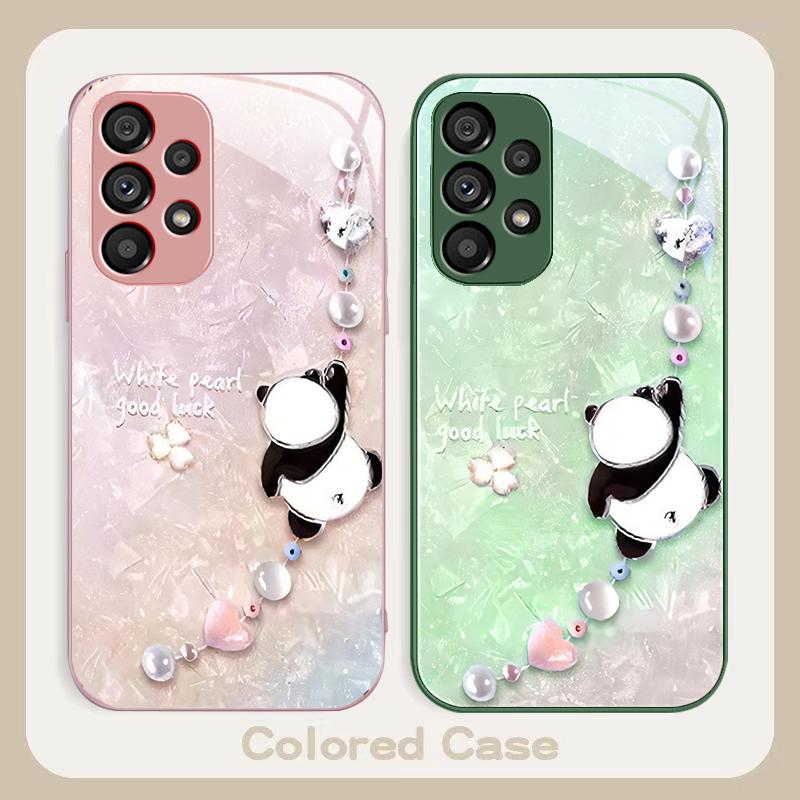 Beaded Panda Silver For Samsung Galaxy S23 U Ltra 24 Plus S20 21 FE S25 Ultra A70 A72 73 51 52 53 Tempered Glass Phone Case