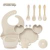 Crab 9-Piece Tableware Set: Silicone Bib, Baby Food Bowl, Fork, Spoon, Compartmentalized Meal Plate - Food Grade