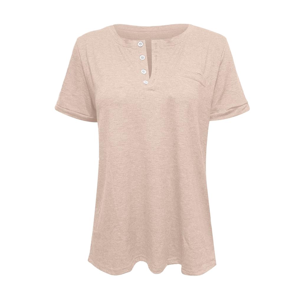 Women's Fashionable Casual Summer V-neck Button Short-sleeved Top