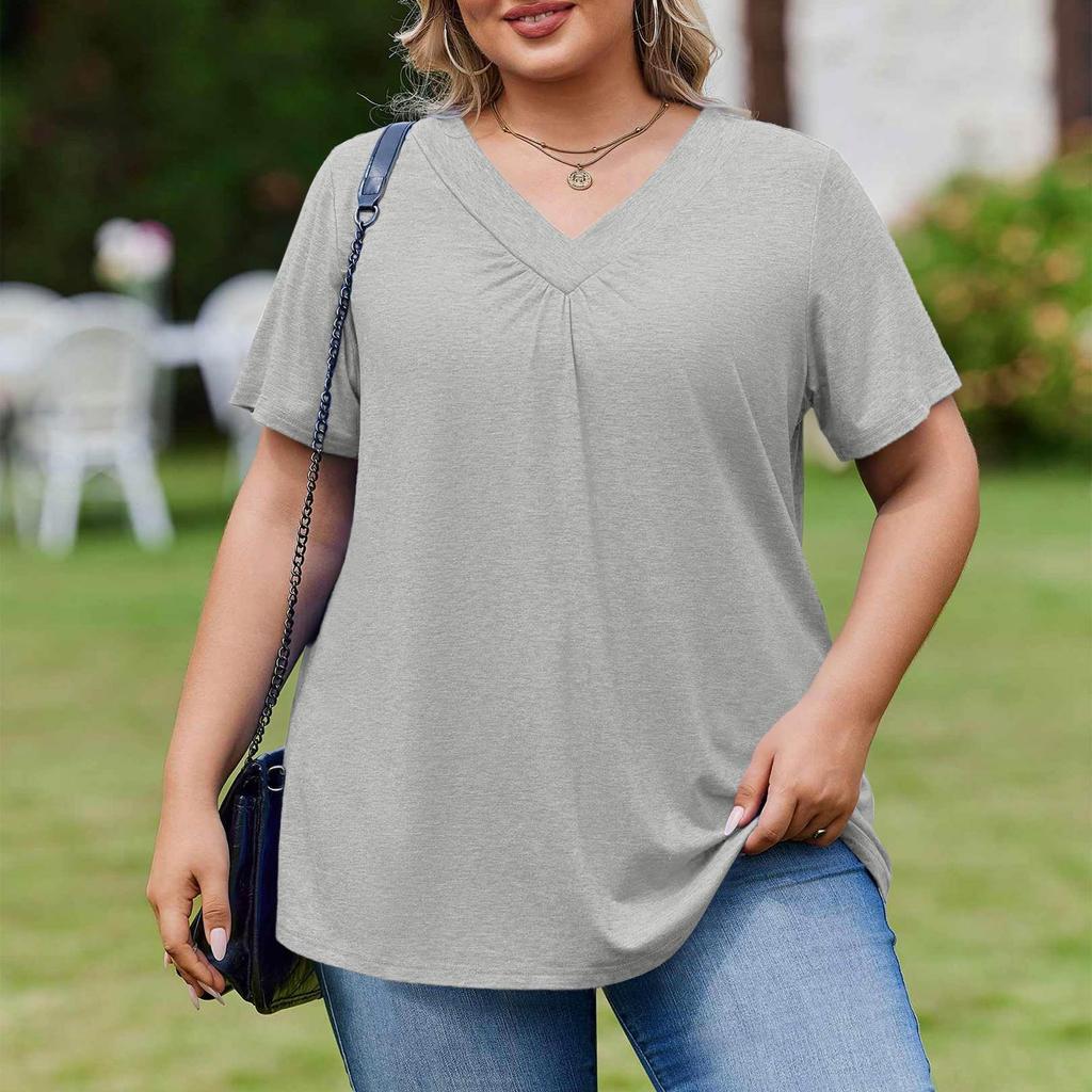 Damska Modna Codzienna Luźna Bluzka Plus Size z Krótkim Rękawem Elegancka z Dekoltem V Do Pracy