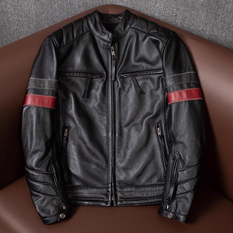 Men Genuine Leather Motorcycle Jacket with Removable Armor Stand Collar Biker Coat for Spring Autumn Riding