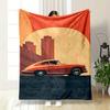 Retro Car with Bold Orange Tones Against a Sunset and Cityscape Backdrop. for All Seasons Blanket Lunch Break Throw Gift
