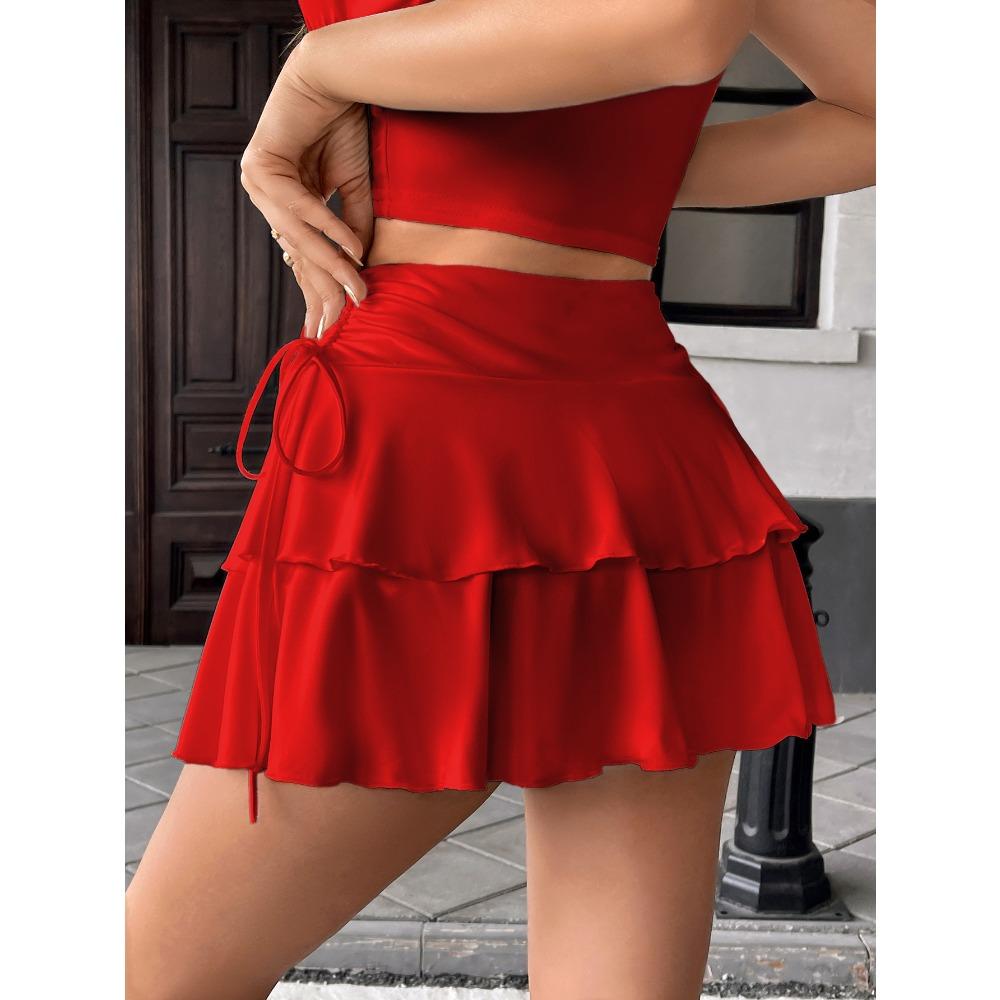 Vielseitiger Damen-Minirock mit Rüschen, Stufiger Fließender Rock mit Verstellbarem Kordelzug, Femininer Freizeitrock für Sommer & Täglichen Gebrauch