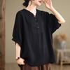 Women's Retro Cotton Linen Plus-Size Summer T-shirt with Loose Seven-Sleeve Design