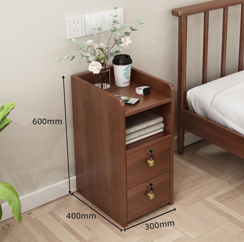 Solid Wood Locking Nightstand, Compact Slim Bedside Cabinet, Modern Minimalist Storage Organizer, Narrow Gap Bedroom Furniture