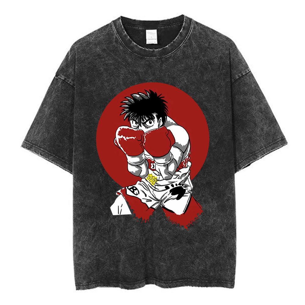 Anime Hajime No Ippo Makunouchi Vintage Washed Tshirt Takamura KGB T Shirts Kamogawa Boxing Gym Tshirt Men Manga Retro Tshirts