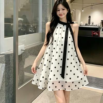 French Style Polka Dot A Dress Women's Summer Loose and Thin Temperament, Elegant Neck Bow Sleeveless Short Skirt