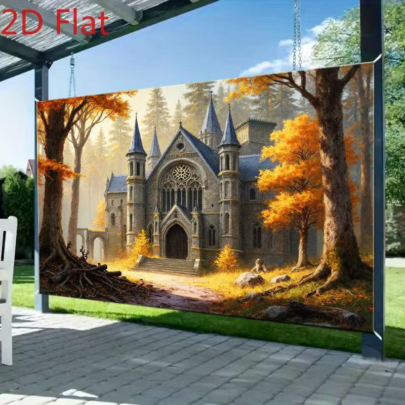 

2D Halloween Gothic Castle Tapestry, Autumn Forest Enchanted Chapel Background Cloth 47.2x31.5inch/120*80cm
