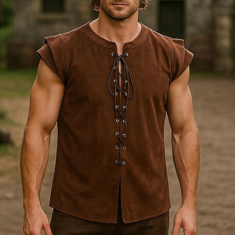 

Renaissance Medieval Gothic Style Steam Punk Vest MenVintage Round Neck Tank Tops L кавовий