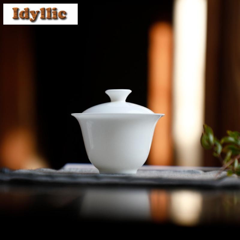 150ml Mutton Fat Jade Gaiwan Luxury Tea Bowl Not Hot Tea Tureen Tea Bowl With Lid Kit Tea Brewing Cover Bowl Tea Ceremony Gift