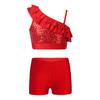 Dívčí Sequin Crop Top Set Asymetrické volánkové ramínka V-výstřih v přední části Pasové šortky Tanec Soutěž